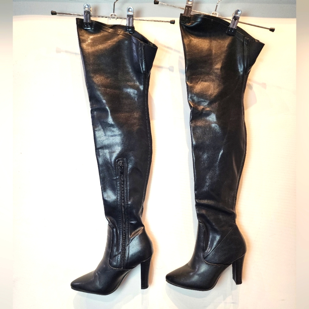Black New Over the Knee Stiletto Boots Vegan Zip Design Size 37 EU / 6.5 US‎